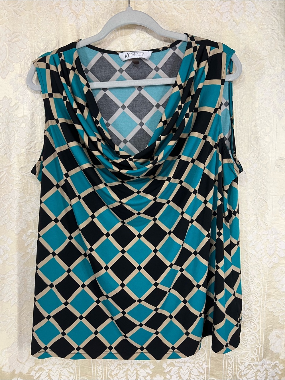 Kasper 2X Teal Black Geometric Cowl Neck Sleeveless Top